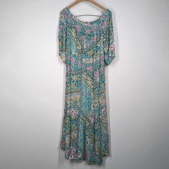 BA&SH Faga Off The Shoulder Midi Dress Size Small Green Paisley Preowned - Picture 3 of 13